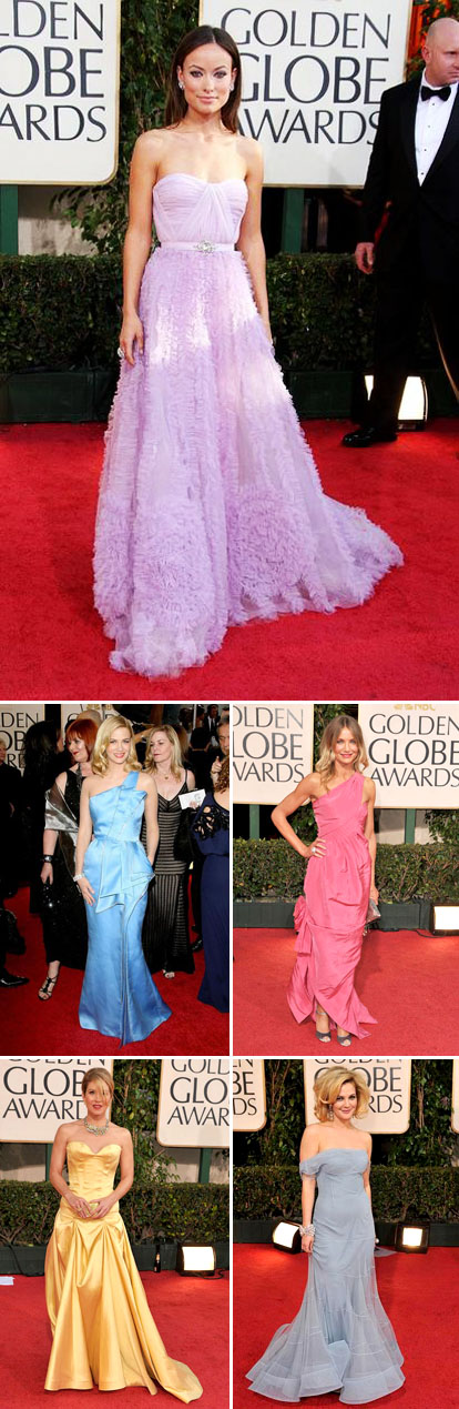 pastel wedding dress inspiration from the 2009 Golden Globe red carpet, via Yahoo's OMG blog, Olivia Wilde, January Jones, Cameron Diaz, Christina Applegate and Drew Barrymore pastel wedding dress inspiration from the 2009 Golden Globe red carpet, via Yahoo's OMG blog, Olivia Wilde, January Jones, Cameron Diaz, Christina Applegate and Drew Barrymore