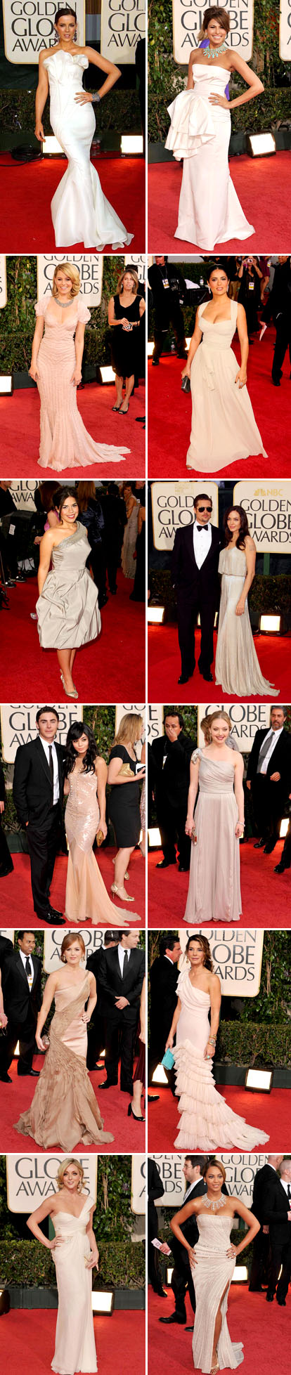 cream, neutral, flesh colored dresses from the 2009 Golden Globe red carpet, wedding dress inspiration via Yahoo's OMG blog, America Ferrera, Eva Mendez, Vanessa Hudgens, Kate Beckinsale and Beyonce cream, neutral, flesh colored dresses from the 2009 Golden Globe red carpet, wedding dress inspiration via Yahoo's OMG blog, America Ferrera, Eva Mendez, Vanessa Hudgens, Kate Beckinsale and Beyonce