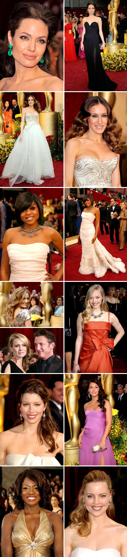 Hairstyles and fashion from the 2009 Academy Awards red carpet, bridal inspiration, Angelina Jolie, Jessica Biel, Sarah Jessica Parker, Robin Wright Penn, Amanda Seyfried, Alicia Keys, Taraji P. Henson, and Viola Davis Hairstyles and fashion from the 2009 Academy Awards red carpet, bridal inspiration, Angelina Jolie, Jessica Biel, Sarah Jessica Parker, Robin Wright Penn, Amanda Seyfried, Alicia Keys, Taraji P. Henson, and Viola Davis