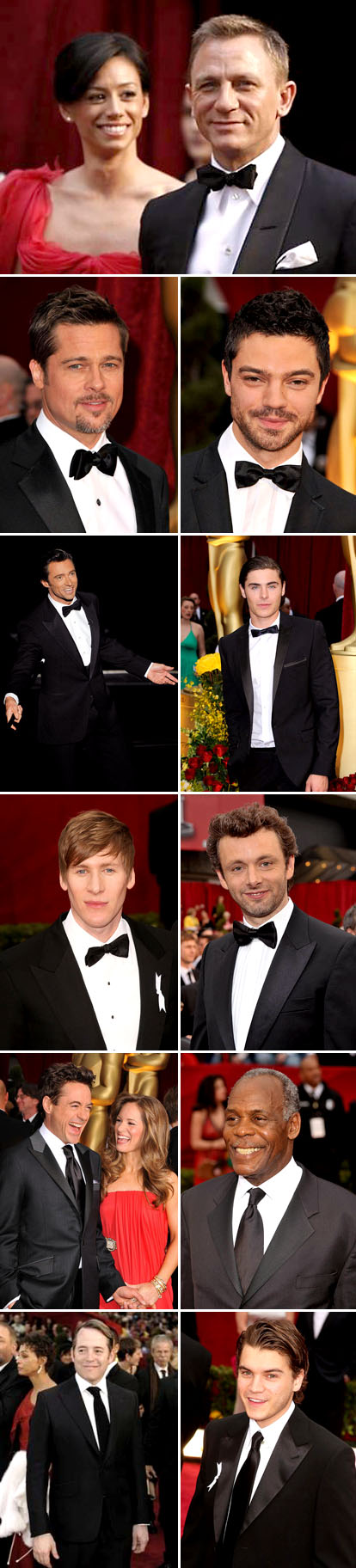 Men's wear wedding inspiration from the 2009 Academy Awards, classic and modern tuxedos on James Craig, Brad Pitt, Dominic Cooper, Hugh Jackman, Zach Efron, Robert Downey Jr., Matthew Broderick and Emile Hirsch Men's wear wedding inspiration from the 2009 Academy Awards, classic and modern tuxedos on James Craig, Brad Pitt, Dominic Cooper, Hugh Jackman, Zach Efron, Robert Downey Jr., Matthew Broderick and Emile Hirsch