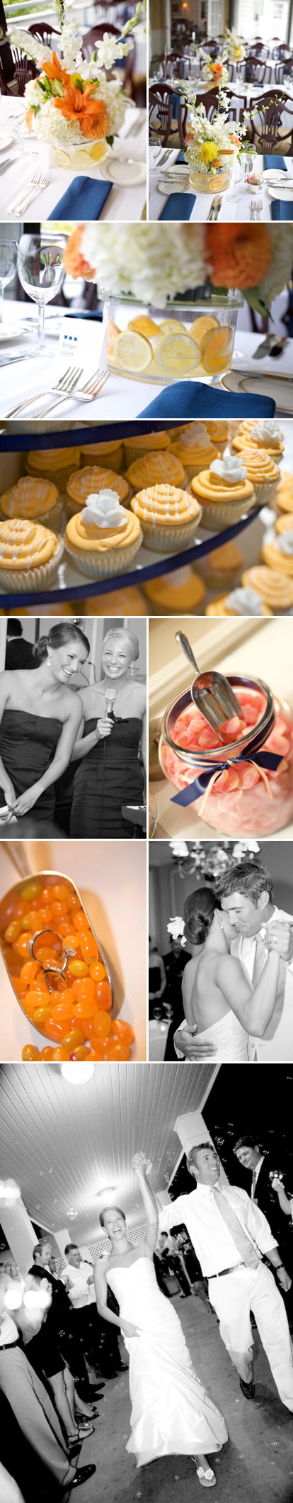 Summer outdoor wedding reception at the Seattle Tennis Club, navy blue, orange, yellow and white wedding decor, images by One Thousand Words Photography Summer outdoor wedding reception at the Seattle Tennis Club, navy blue, orange, yellow and white wedding decor, images by One Thousand Words Photography