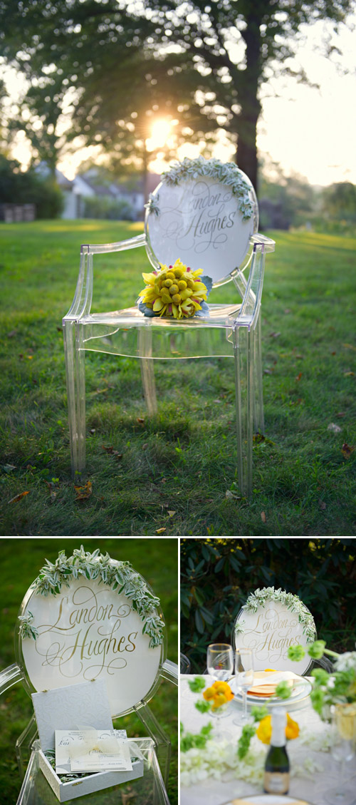 Ghost chairs with calligraphy from Jubilee Events; photos by Carla Ten Eyck | Junebug Weddings Ghost chairs with calligraphy from Jubilee Events; photos by Carla Ten Eyck | Junebug Weddings