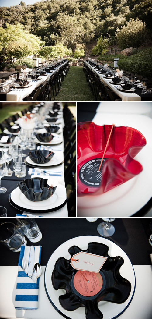melted vinyl record bowls as wedding favors, music inspired wedding table top decor, diy wedding at Calliote Canyon, Ojai, CA, photos by Viera Photographics melted vinyl record bowls as wedding favors, music inspired wedding table top decor, diy wedding at Calliote Canyon, Ojai, CA, photos by Viera Photographics