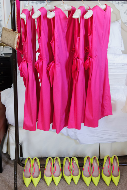 hot pink and neon yellow bridesmaids' dresses and shoes, photo by Jeremy Enness | via junebugweddings.com hot pink and neon yellow bridesmaids' dresses and shoes, photo by Jeremy Enness | via junebugweddings.com