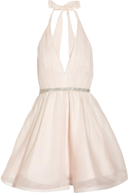 sequined sash on a little white wedding dress by Alice + Olivia | junebugweddings.com sequined sash on a little white wedding dress by Alice + Olivia | junebugweddings.com