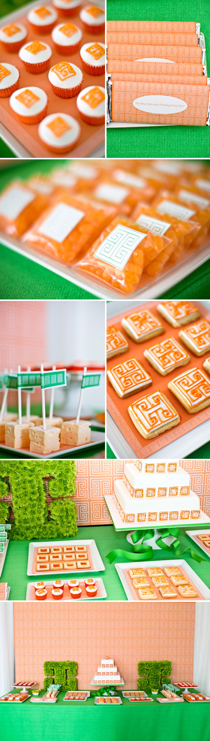 The orange, white and green wedding candy dessert buffet from Mindy Weiss's Most Ridiculous Wedding Event Ever! The orange, white and green wedding candy dessert buffet from Mindy Weiss's Most Ridiculous Wedding Event Ever!