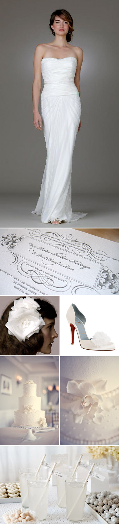 Amy Kuschel's 2010 wedding dress collection, Kai wedding gown, romantic white on white wedding color palette Amy Kuschel's 2010 wedding dress collection, Kai wedding gown, romantic white on white wedding color palette