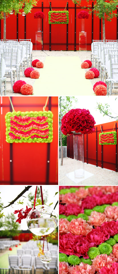 modern red, pink and green wedding ceremony design by Bella Signature Design, images by Bella Signature and Life Mosaics Photography modern red, pink and green wedding ceremony design by Bella Signature Design, images by Bella Signature and Life Mosaics Photography