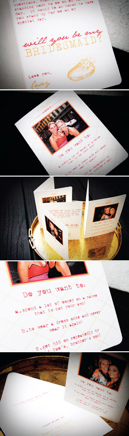 Creative custom wedding invitation from a bride to her bridesmaids, pink and yellow invitations from Wiley Valentine Creative custom wedding invitation from a bride to her bridesmaids, pink and yellow invitations from Wiley Valentine