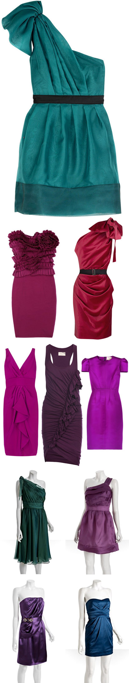 Jewel toned fall coctail and bridesmaids dresses, sapphire blue, emerald green, fuschia, plum, purple Jewel toned fall coctail and bridesmaids dresses, sapphire blue, emerald green, fuschia, plum, purple