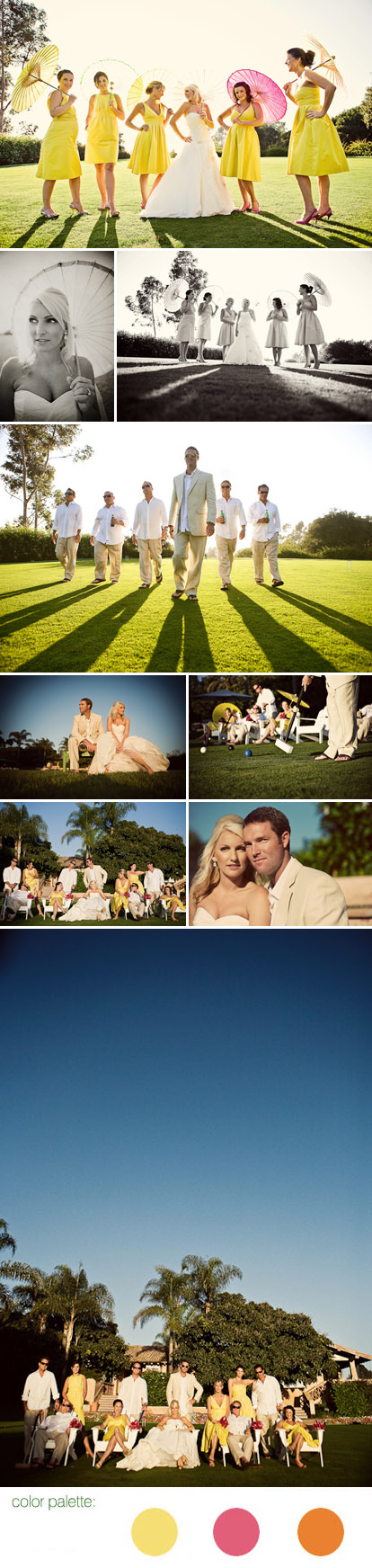 San Diego wedding at Rancho Valencia Resort, wedding party with parasols, lime green, lemon yellow, orange and pink wedding color palette, images by Natalie Moser Photography San Diego wedding at Rancho Valencia Resort, wedding party with parasols, lime green, lemon yellow, orange and pink wedding color palette, images by Natalie Moser Photography