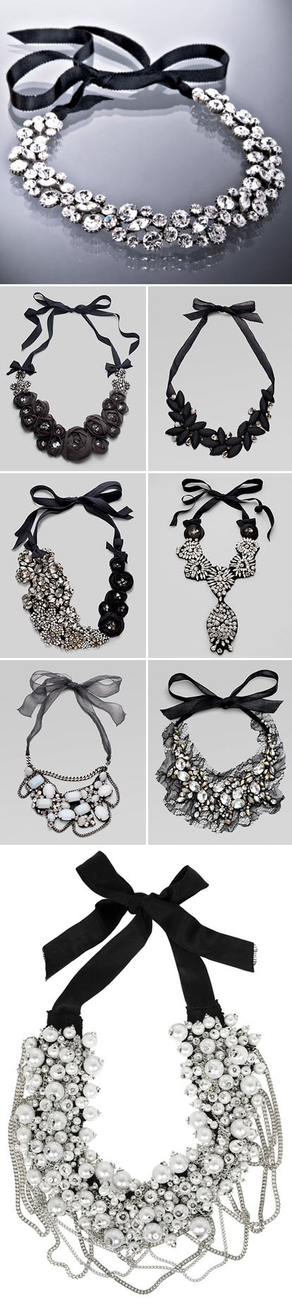 Black and white wedding jewelry and accessories, black ribbon, pearl and crystal bib necklaces Black and white wedding jewelry and accessories, black ribbon, pearl and crystal bib necklaces