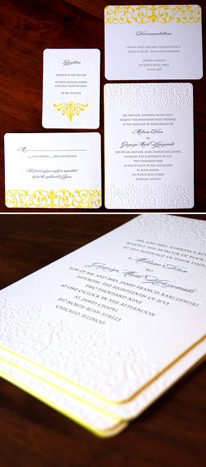 Classic black and white letterpress wedding invitations with yellow edging from Sarah Drake Classic black and white letterpress wedding invitations with yellow edging from Sarah Drake