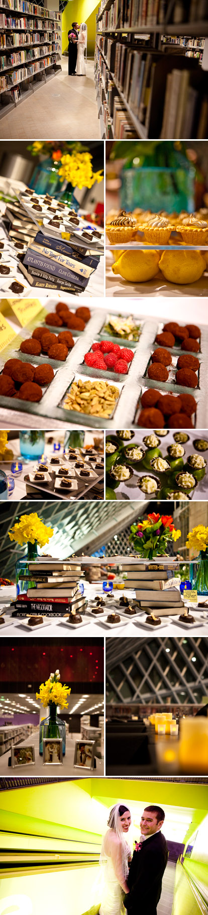 bright and colorful real wedding cocktail and dessert reception at the Seattle downtown library, Cheri Pearl Photography bright and colorful real wedding cocktail and dessert reception at the Seattle downtown library, Cheri Pearl Photography
