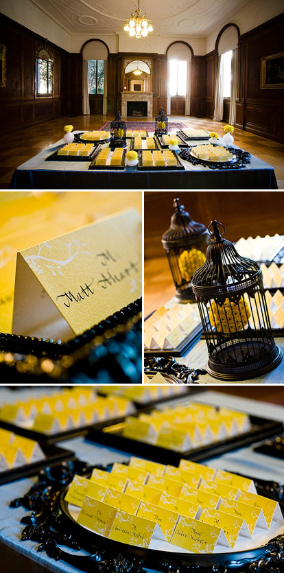 Whimsical French yellow and black wedding escort cards by Gloria Wong Design, images by Anna Kuperberg Whimsical French yellow and black wedding escort cards by Gloria Wong Design, images by Anna Kuperberg