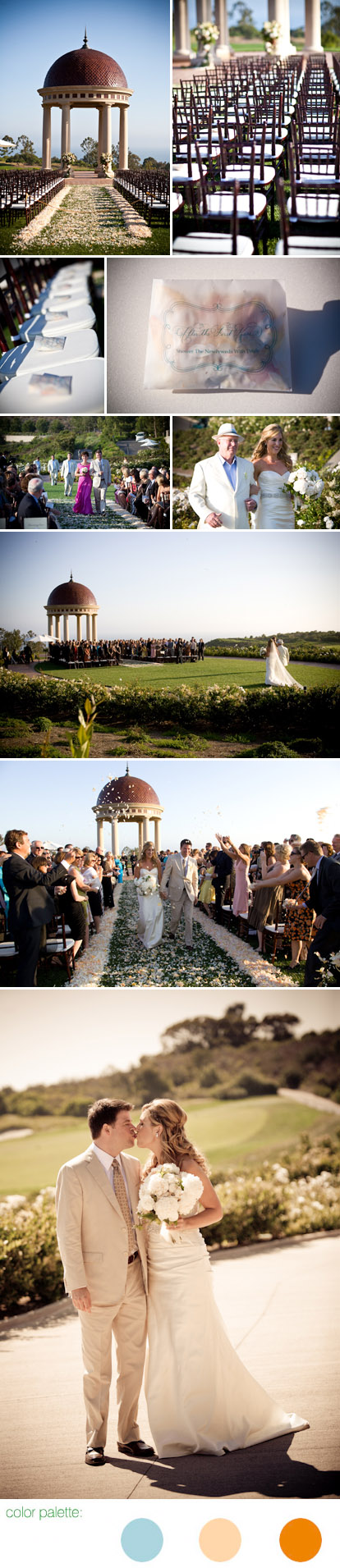 Vintage style wedding ceremony by Mindy Weiss at The Resort at Pelican Hill, teal, peach and rose gold wedding color palette, images by Jay Lawrence Goldman Vintage style wedding ceremony by Mindy Weiss at The Resort at Pelican Hill, teal, peach and rose gold wedding color palette, images by Jay Lawrence Goldman
