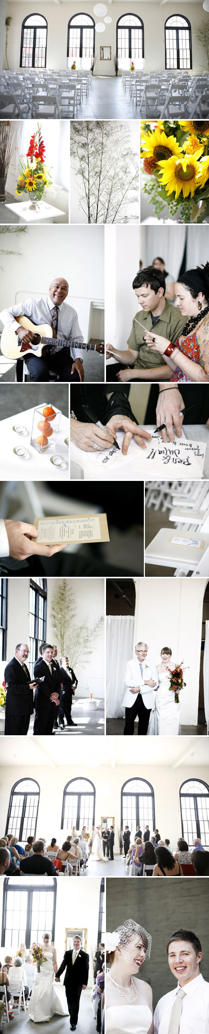 Modern Seattle real wedding ceremony at Georgetown Studios, yellow and gray color palette, Monique Lhuillier wedding dress, images by Belathee Photography Modern Seattle real wedding ceremony at Georgetown Studios, yellow and gray color palette, Monique Lhuillier wedding dress, images by Belathee Photography