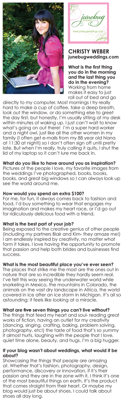 Southern Weddings magazine, interview with Christy Weber of Junebug Weddings, Day in the life of a top wedding blogger Southern Weddings magazine, interview with Christy Weber of Junebug Weddings, Day in the life of a top wedding blogger