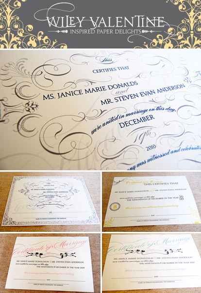 Custom marriage certificates from Wiley Valentine Custom marriage certificates from Wiley Valentine