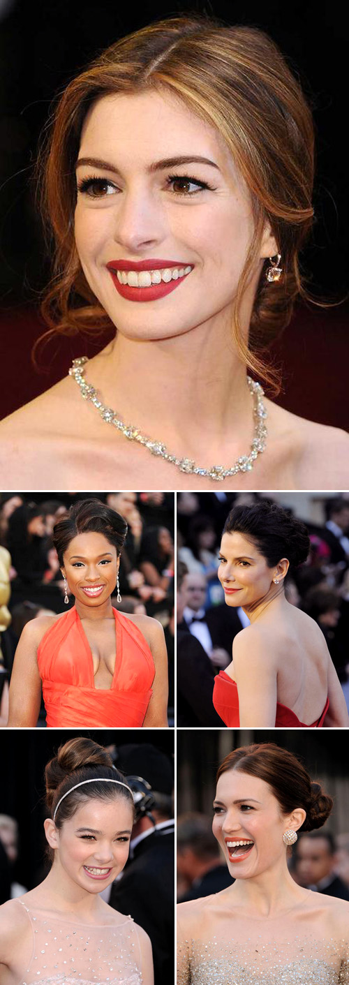Academy Awareds red carpet hairstyles for weddings, Anne Hathaway, Jennifer Hudson, Sandra Bullock, Hailee Steinfeld and Mandy Moore, images via Yahoo Movies Academy Awareds red carpet hairstyles for weddings, Anne Hathaway, Jennifer Hudson, Sandra Bullock, Hailee Steinfeld and Mandy Moore, images via Yahoo Movies