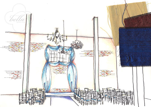 cobalt blue draping in an industrial warehouse, wedding ceremony design illustration from Nadia and Daniela of Bella Signature Design cobalt blue draping in an industrial warehouse, wedding ceremony design illustration from Nadia and Daniela of Bella Signature Design