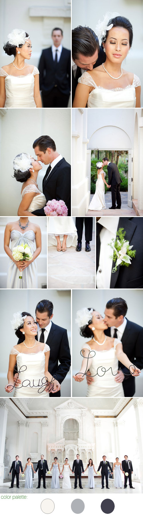 pretty cream, charcoal gray and silver Los Angeles real wedding at Vibiana, photo by Caroline Tran pretty cream, charcoal gray and silver Los Angeles real wedding at Vibiana, photo by Caroline Tran