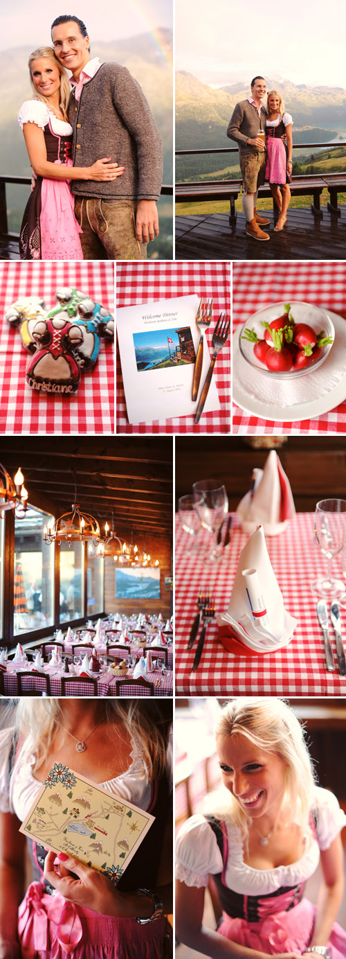 Bavarian wedding rehearsal dinner at Suvretta House in St. Moritz, Switzerland, red and white gingham decor Bavarian wedding rehearsal dinner at Suvretta House in St. Moritz, Switzerland, red and white gingham decor
