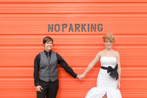colorful orange, green, black and white same-sex wedding at the Russell Industrial Center in Detroit, Michigan, photos by Alli McWhinney colorful orange, green, black and white same-sex wedding at the Russell Industrial Center in Detroit, Michigan, photos by Alli McWhinney