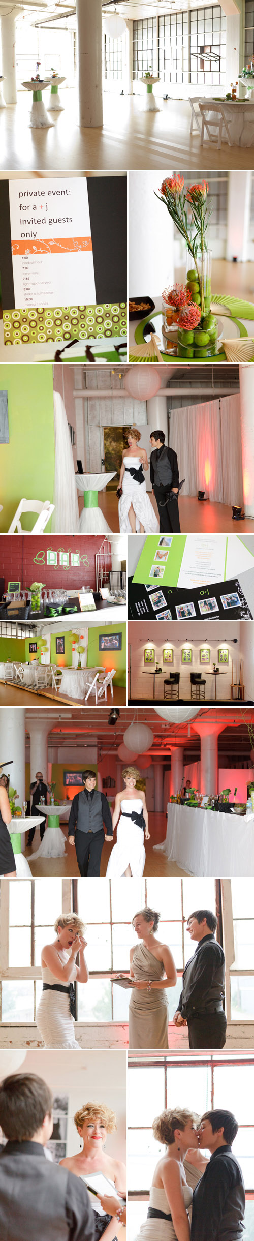 colorful orange, green, black and white same-sex wedding at the Russell Industrial Center in Detroit, Michigan, photos by Alli McWhinney colorful orange, green, black and white same-sex wedding at the Russell Industrial Center in Detroit, Michigan, photos by Alli McWhinney