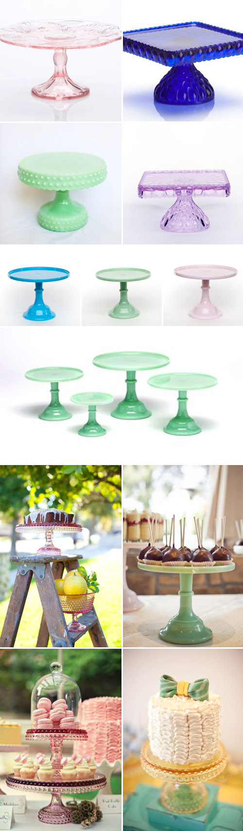 colorful wedding cake stands from Sweet and Saucy Supply Shop, vintage and milk glass cake stands via JunebugWeddings.com colorful wedding cake stands from Sweet and Saucy Supply Shop, vintage and milk glass cake stands via JunebugWeddings.com