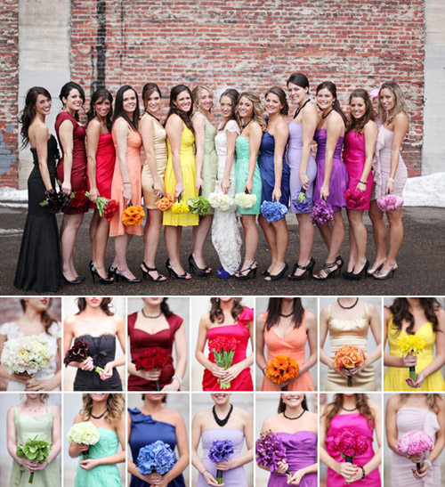 rainbow bridesmaids' dresses with colorful wedding flowers by Cori Cook Floral Design, photos by Laura Murray rainbow bridesmaids' dresses with colorful wedding flowers by Cori Cook Floral Design, photos by Laura Murray
