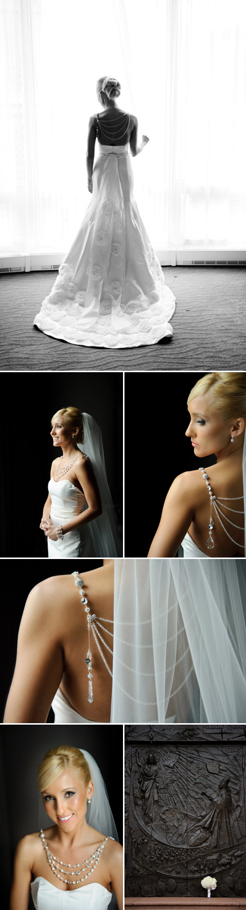 elegant Chicago wedding at Trump Tower, stylish wedding dress and bridal necklace, classic black tuxedo, wedding photos by Nakai Photography elegant Chicago wedding at Trump Tower, stylish wedding dress and bridal necklace, classic black tuxedo, wedding photos by Nakai Photography