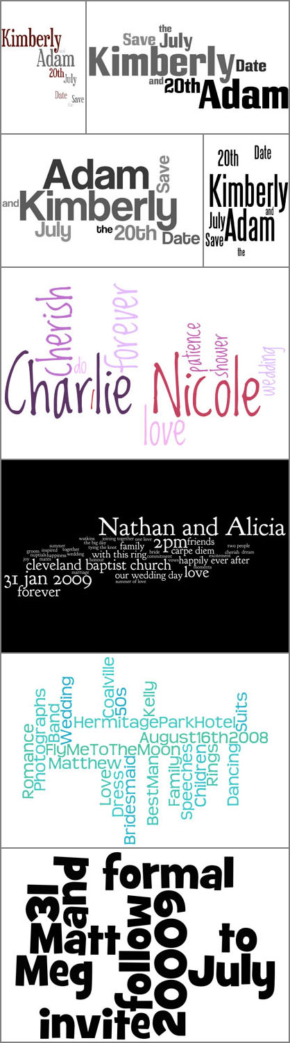 wordle.net word cloud layouts for DIY wedding invitations, save the dates and wedding favor packaging wordle.net word cloud layouts for DIY wedding invitations, save the dates and wedding favor packaging